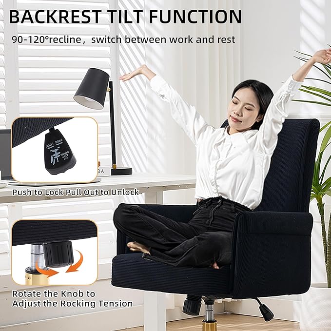 Striped Velvet Office Chair, 360° Swivel Ergonomic Task Chair with High Back, Gold Base and Wheels, Height Adjustable Modern Accent Chair for Home Office, Living Room, Study, Vanity Room (Black)