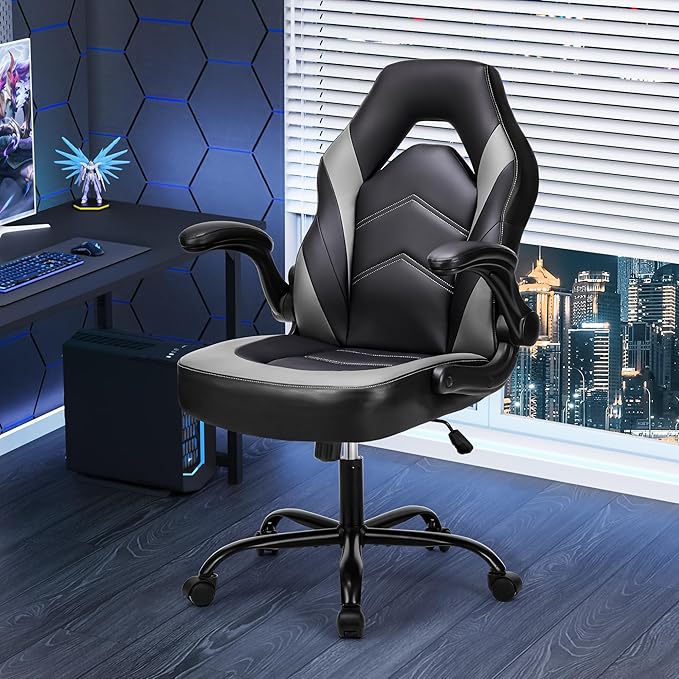 NEWBULIG Computer Gaming Desk Chair - Big Tall Ergonomic Lumbar Support with Flip-up Armrest and 360° Swivel Wheels, PU Leather Height Adjustable, for Home and Office, Grey