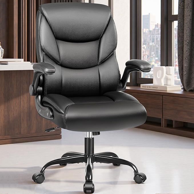 FelixKing Leather Office Chair - Small PU Ergonomic Desk Chair, Comfy Computer Chair with Wheels and Flip-up Armrests, Adjustable Height Mid Back Executive Office Chair for Short People-Black