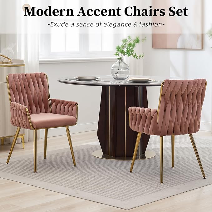 ABET Office Desk Chair No Wheels, Woven Velvet Vanity Chair with Back & Armrest, Comfy Upholstered Cute Gold Metal Legs Makeup Aesthetic Armchair for Girls & Women Bedroom, Nail Spa, Rose Red