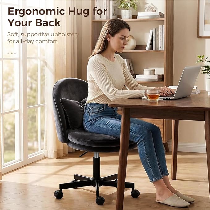 GTPOFFICE Vanity Chair with Back, Adjustable Tall Office Chair High Swivel Bar Stools Fluffy Cute Desk Chair Comfy with Wheels Bow Pillow Armlees for Adults Standing Desk Bar, Soft Velvet, Black
