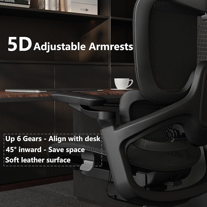 Ergonomic Office Chair, Big and Tall Home Desk Chair with Adjustable 3D Lumbar Support, 5D Armrest, 4D armrests, Mesh Computer Chair,90-130°Tilt, Model Zen (All Black)