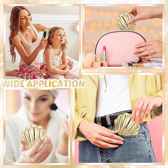 Meanplan 12 Pcs Mermaid Party Favors Shell Hair Brush with Mirror Foldable Mini Travel Pocket Hair Brush Compact Makeup Comb for Women Girls Valentines Day Birthday Gifts(Gold)