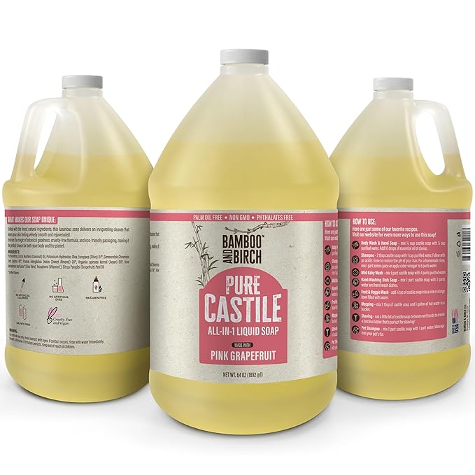 BAMBOO AND BIRCH Pure Castile Soap Liquid, Certified Palm Oil Free Natural Soap, Citrus Grapefruit, 1 Gallon