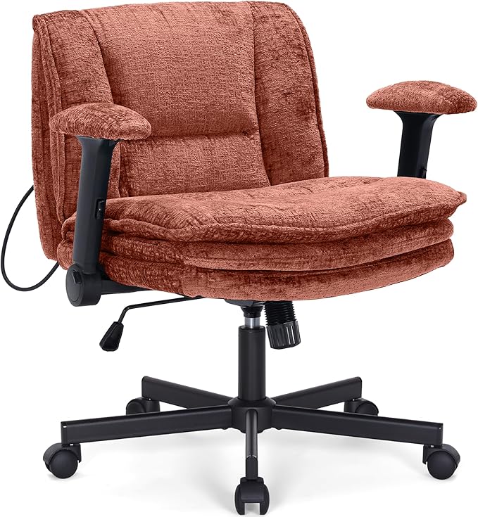 Criss Cross Chair with Wheels and Flip Arms, Upholstered Cross Legged Office Chair with 3 Layer Cushions&Dynamic Airbag Lumbar Support, Wide Seat Comfy Desk Chair for Home Office, Living Room, Orange