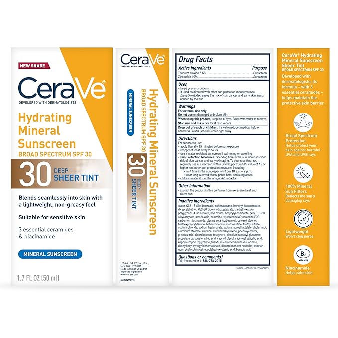 CeraVe Hydrating Mineral Sunscreen SPF 30 with Sheer Tint,Tinted Mineral Sunscreen with Zinc Oxide & Titanium Dioxide,Blends Seamlessly For Healthy Glow,Deep,1.7 Oz,(Pack of 2)
