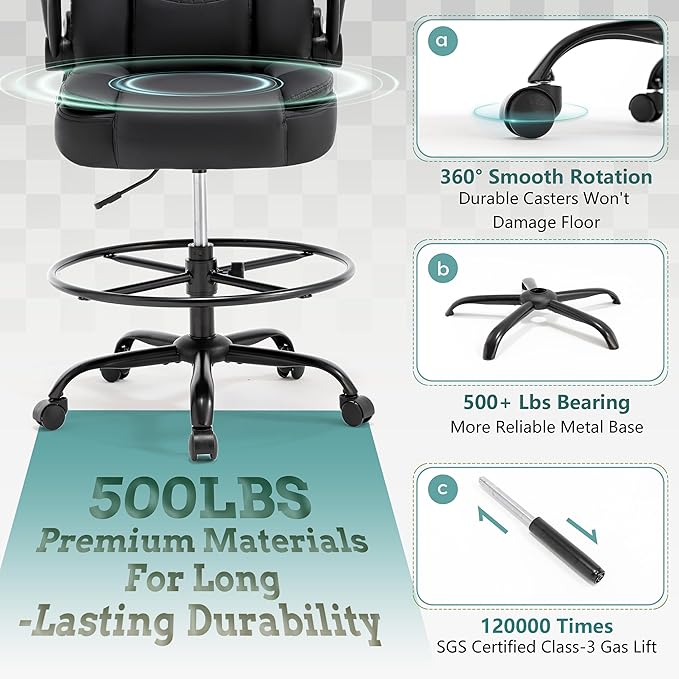 Ergonomic Drafting Chair, Tall Office Chair for Standing Desk, High Back Standing Desk Chair with Flip-Up Armrest, Adjustable Height&Foot Ring, Executive PU Leather Extended Height Office Chairs,Black