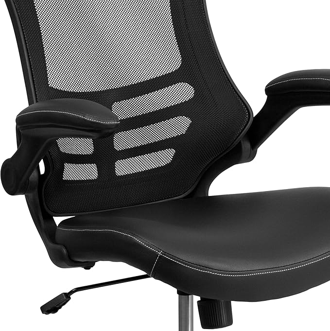 Flash Furniture Kelista Mid-Back Swivel Office Chair with Adjustable Seat Height, Ergonomic Mesh Desk Chair with LeatherSoft Seat, Black
