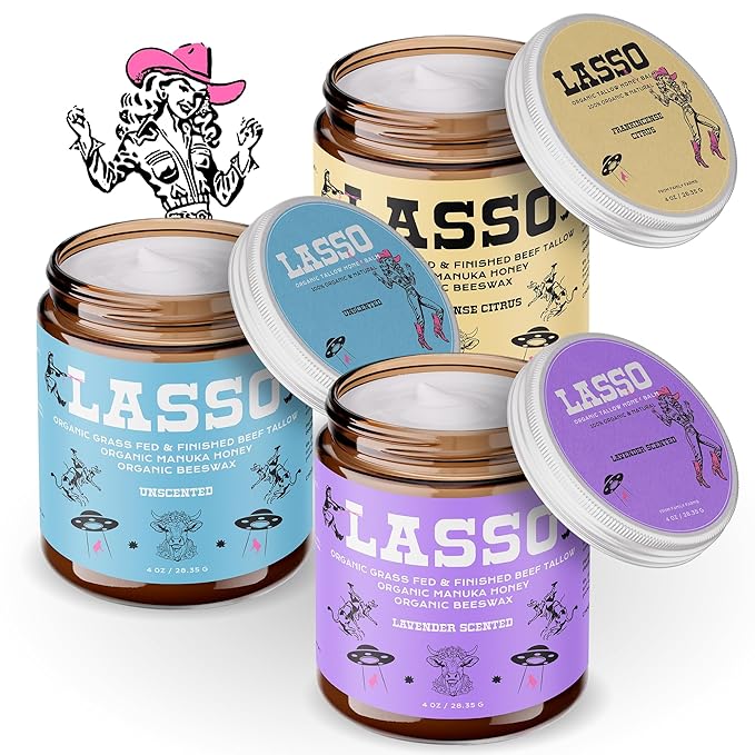 LASSO Lavender Tallow and Honey Balm for Face - Organic Beef Tallow Face Moisturizer with Grass-Fed/Finished Beef for Skin, Organic Manuka Honey and Beeswax