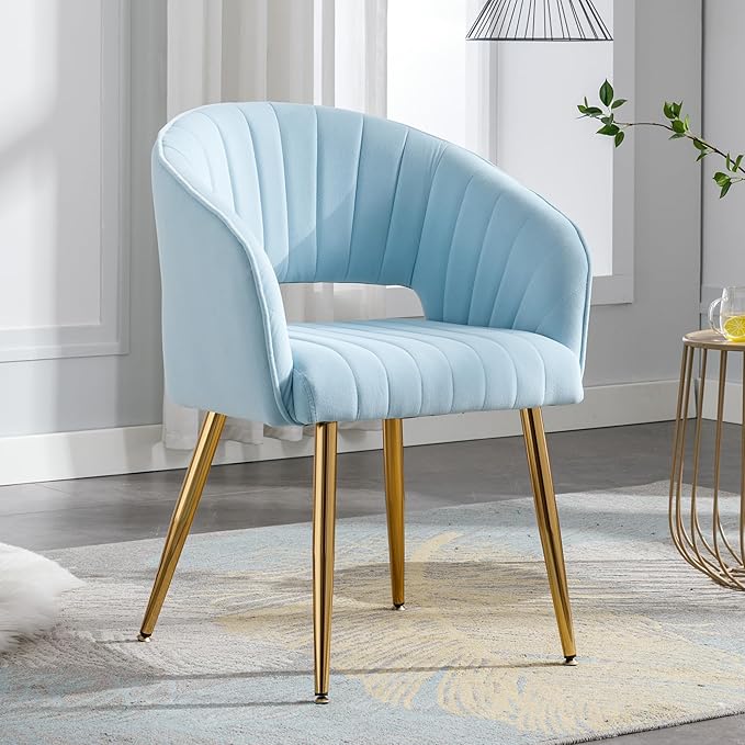Home Office Chair Velvet Desk Chair Accent Armchair Upholstered Modern Tufted Chairs with Gold Legs for Girls Women Ergonomic Study Seat Computer Task Stools for Living Room(Blue)