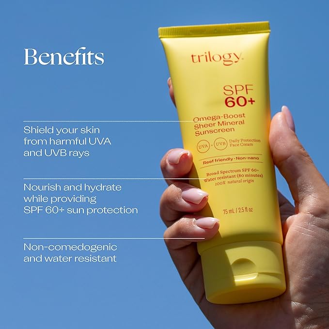 Trilogy SPF 60+ Omega-Boost Sunscreen, Natural, Broad Spectrum Protection for Daily Use with Rosehip Oil, 2.5 fl oz
