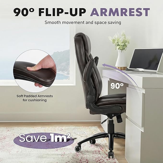 Ergonomic PU Leather Office Chair with Flip-Up Armrests & Reclining Backrest, 300lbs Thick Padded Seat Executive Desk Chair-Adjustable Height & Tilt Tension, Brown