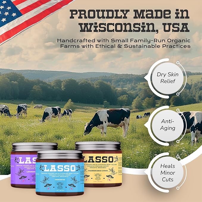 LASSO Lavender Tallow and Honey Balm for Face - Organic Beef Tallow Face Moisturizer with Grass-Fed/Finished Beef for Skin, Organic Manuka Honey and Beeswax