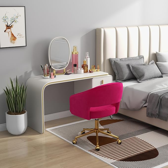 Westice Home Office Desk Chairs, Modern Velvet Rolling Chair, Height Adjustable Swivel Vanity Chair with Golden Base, Ergonomic Chair for Vanity Study, Living Room Computer Room, Hot Pink