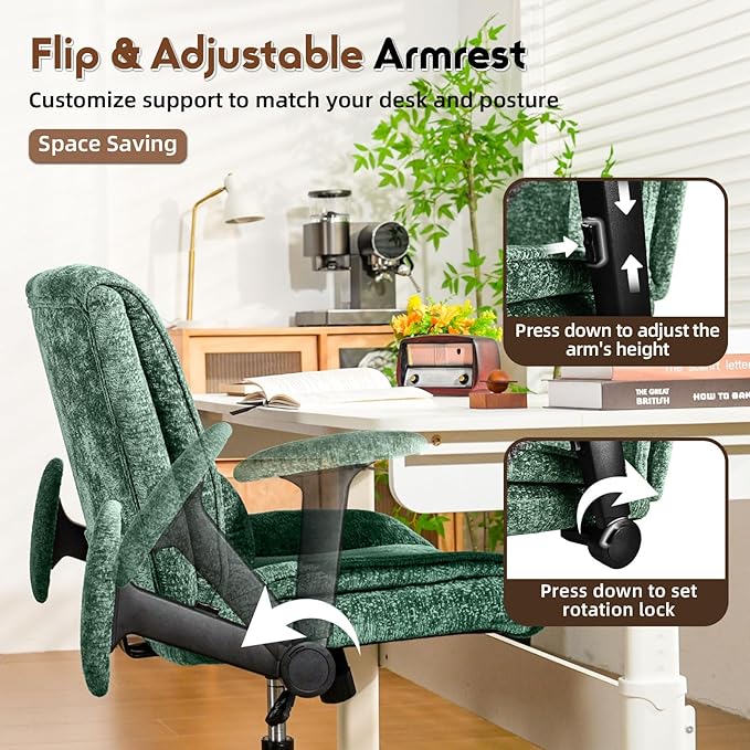 Criss Cross Chair with Wheels & Flip Arms, Wide Cross Legged Office Chair with Adjustable Tilt Criss-Cross Desk Chair with Lumbar Support for Home Office, Bedroom, Apartment Green
