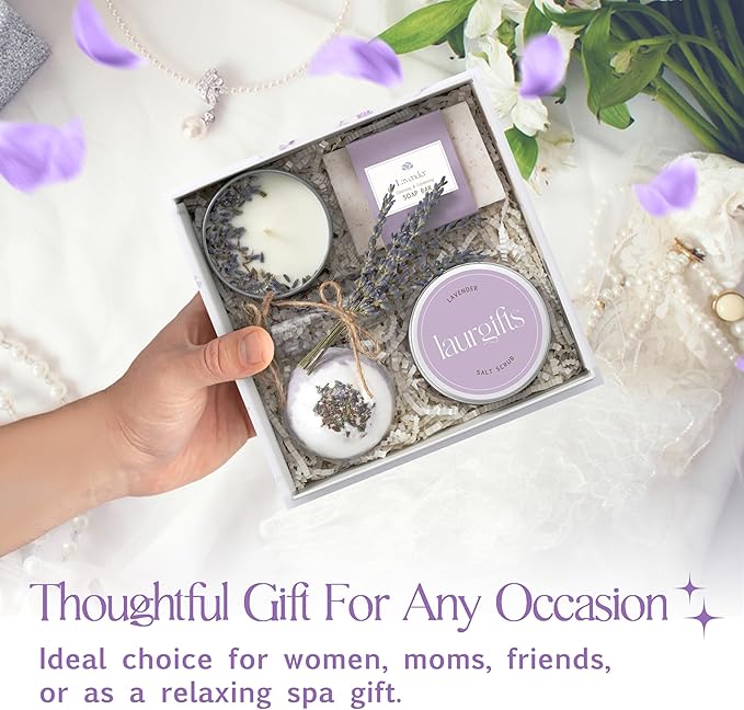 Lavender Spa Gift Box for Women – Small Candle Set with Bath Gifts, Relaxing Self Care Spa Set, Birthday Basket for Women, Mom & New Mom