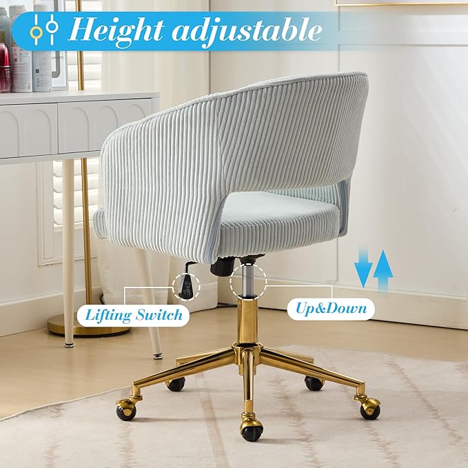 Home Office Chair Swivel Corduroy Fabric Desk Chair Accent Armchair Upholstered Tufted Chairs with Gold Base for Girls Women Ergonomic Study Seat Computer Task Stools for Living Room(Light Blue)