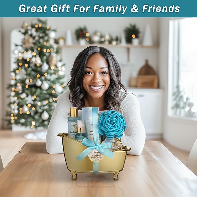 Spa Gift Baskets For Women - Luxury Bath Set With Jasmine & Lavender - Spa Kit Includes Body Wash, Bubble Bath, Lotion, Bath Salts, Body Scrub, Body Spray, Shower Puff, and Towel