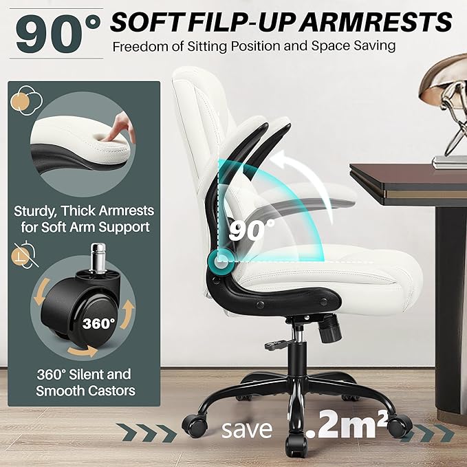 FelixKing Leather Office Chair, Small PU Ergonomic Desk Chair, Comfy Computer Chair with Wheels and Flip-up Armrests, Adjustable Height Mid Back Executive Office Chair for Short People-White
