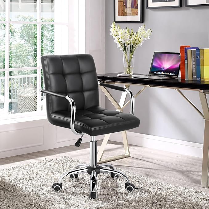 Yaheetech Desk Chair - Office Chair with Arms/Wheels for Students Swivel Faux Leather Home Computer Black