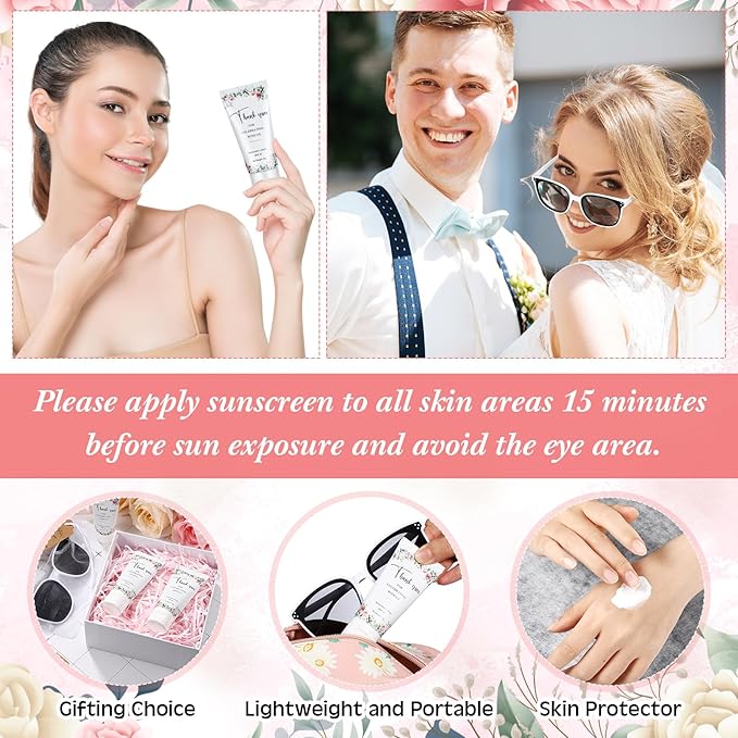 12 Sets Mini Sunscreen and Sunglasses Bulk for Wedding Party Spf30 Water Resistant Sunscreen Lotion Bulk 1oz Travel Size for Thank You Gifts Wedding Party Supplies (Floral)