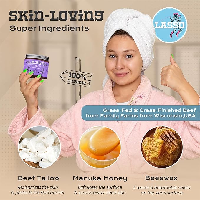 LASSO Lavender Tallow and Honey Balm for Face - Organic Beef Tallow Face Moisturizer with Grass-Fed/Finished Beef for Skin, Organic Manuka Honey and Beeswax