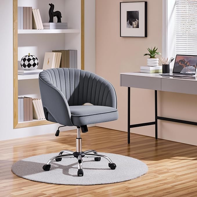 Yaheetech Home Office Chair Velvet Desk Chair, Upholstered Modern Swivel Chair with Tufted Barrel Back, Rolling Wheels for Office, Study, Vanity, Bedroom Dark Gray