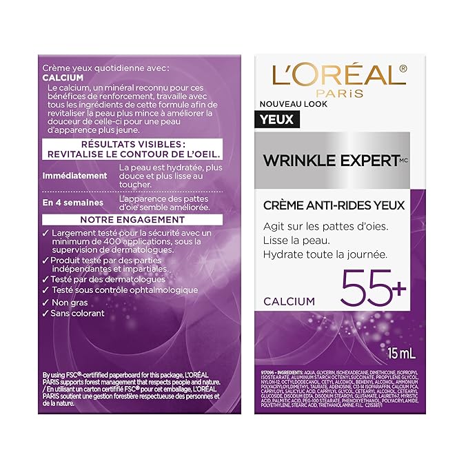 L'Oreal Paris Wrinkle Expert 55+ Anti-Wrinkle Eye Cream with Calcium,Reduce Crow's feet,0.5 Oz,(Pack of 2)