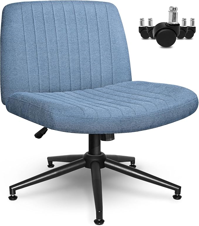 NEO Chair Criss Cross Chair with Wheels Armless Cross Legged Office Desk Wide Comfy Vanity Makeup Chair Adjustable Swivel Rolling Computer for Home Office Fabric (Blue)