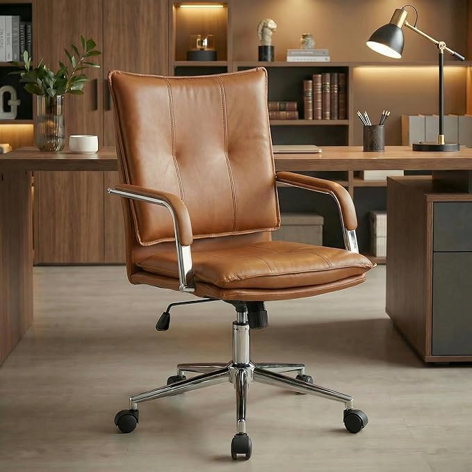 MOJAY Office Chair, Leather Desk Chair, Brown Desk Chair, Mid Century Modern Office Chair, Swivel Comfy Upholstered Wide Seat Chair with Gold Legs and Armrests for Home, Office (Camel&Silver)