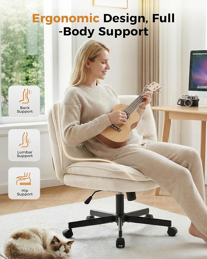 COMHOMA Cross Legged Office Chair with Wheels Armless-Office Desk Chair, Modern Vanity Computer Task Chairs for Home Bedroom, Comfortable Wide Seat for Lower Back Pain Relief, Soft Velvet, Beige