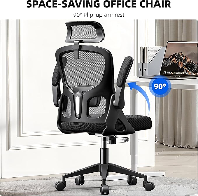 Ergonomic Office Chair, Mesh Desk Chair with Adjustable Headrest & Lumbar Support, Rolling Computer Chair with Flip-up Armrests, Comfy Swivel Home Office Chair for Long Hours (1, Light Black)