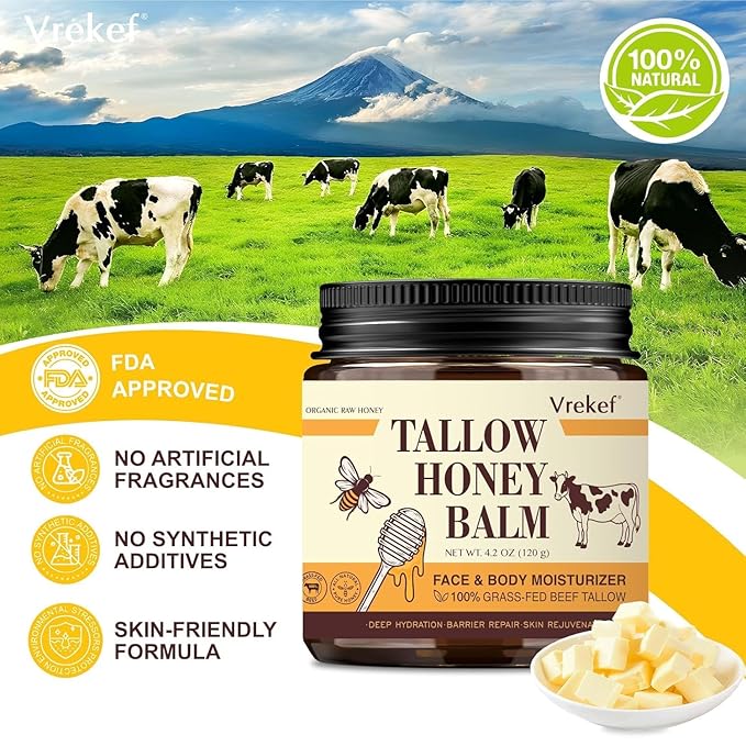 Beef Tallow for Skin (4.2 oz)– Tallow and Honey Balm for Face & Body – Grass-Fed Tallow with Beeswax, Sea Buckthorn Oil, Shea Butter, Vitamin E – Natural Moisturizer