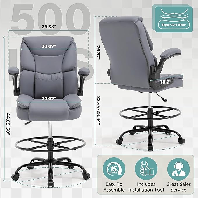 Ergonomic Drafting Chair, Tall Office Chair for Standing Desk, High Back Standing Desk Chair with Flip-Up Armrest, Adjustable Height&Foot Ring, Executive PU Leather Extended Height Office Chairs,Grey