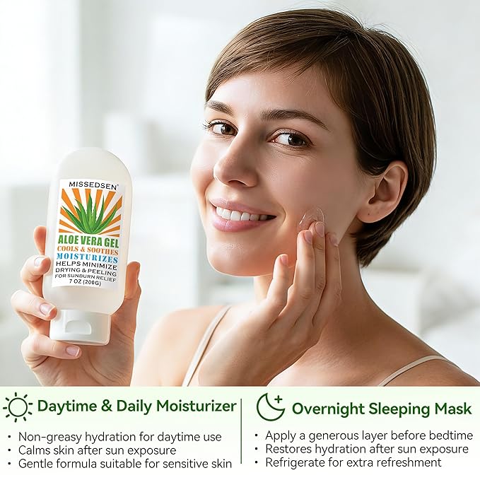 Pure & Organic Aloe Vera Gel for Sunburn Relief, After Sun Lotion for Face & Body Skin Care, Daily Facial Moisturizer & Acne Spot Treatment 7 OZ