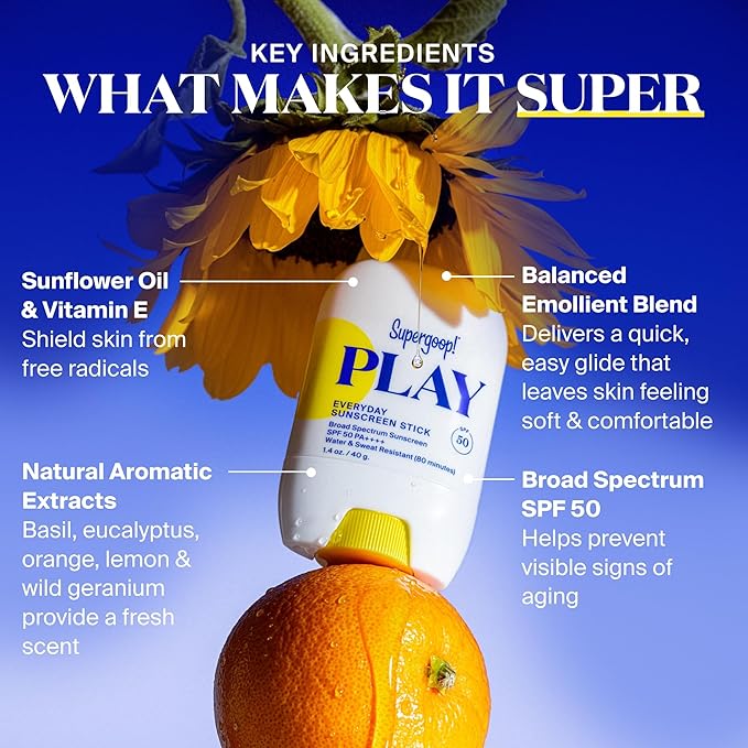 Supergoop! PLAY Everyday Sunscreen Stick SPF 50 - Lightweight, Non-Greasy Formula - Natural Finish - Fragrance Free - Water & Sweat Resistant - All Skin Types - 1.4 fl oz