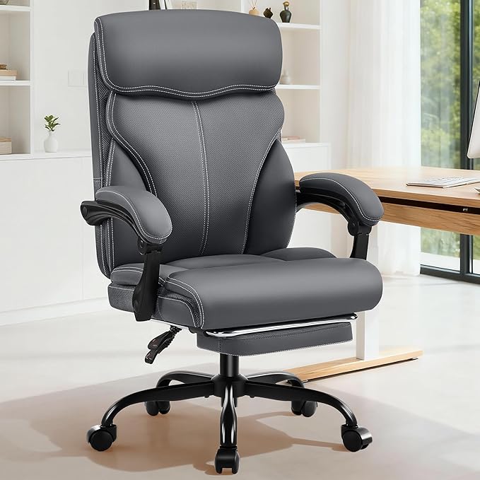 AreShark Office Chair - Ergonomic Comfortable High Back Computer Desk Chair with Foot Rest - Executive Breathable Swivel Rolling Reclining Leather Chair with Lumbar Support for Home Gaming Relaxing