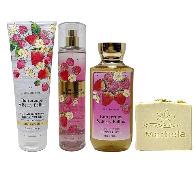 Bath & Body Works Buttercups & Berry Bellini Trio Gift Set - Body Cream, Fragrance Mist and Shower Gel - with a Wild Jasmine Bar Soap - Full Size