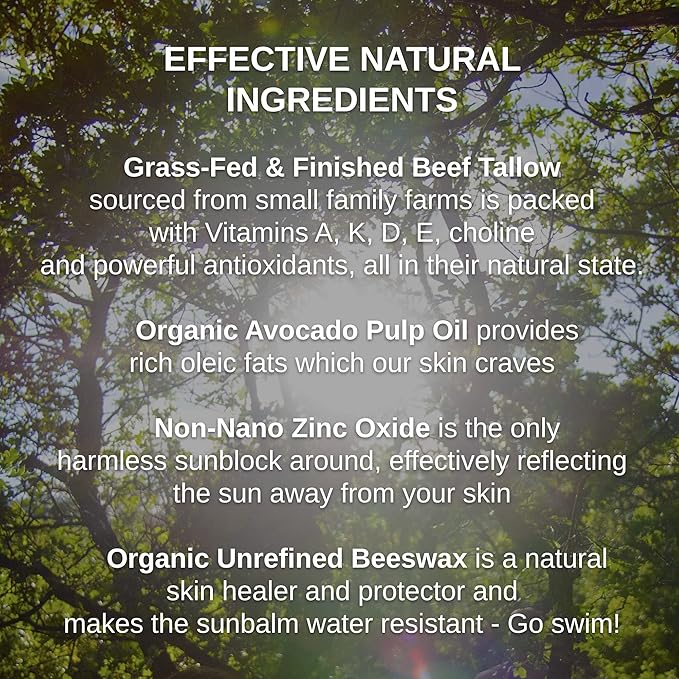 Shwally Zinc & Avocado Mineral SunBalm 40SPF, The Only Real Primal Sun Lotion - 100% Grass Fed Tallow, Avocado Oil & Non-Nano Zinc Oxide - Pregnancy Safe (Not Scented, 4 Fl Oz @ 40 SPF & Not Tinted)