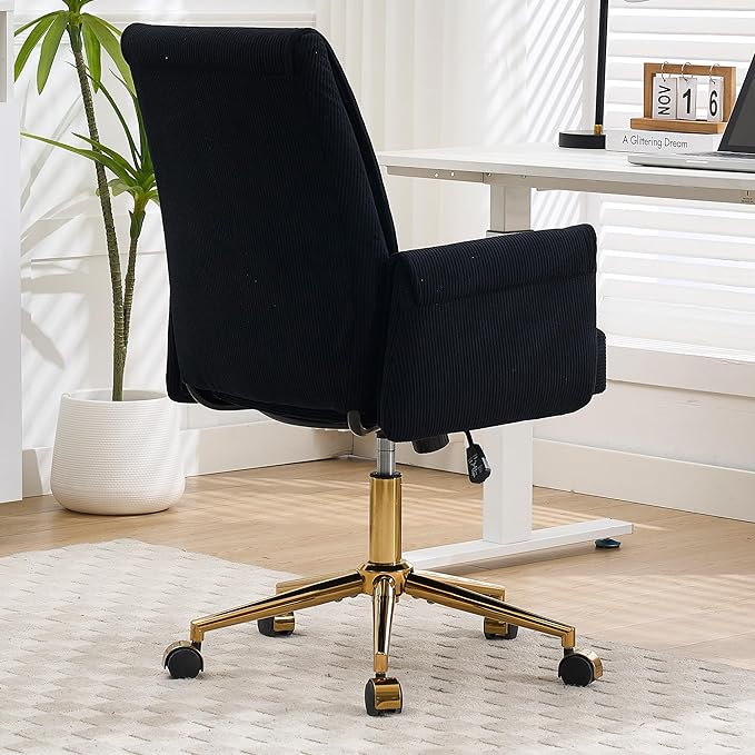 YITAI Stripes Velvet 360°Swivel Desk Chair, Modern Height Adjustable Home Office Armchair with Gold Base and Wheels for Vanity, Comfy Computer Chair for Study Living Room Bedroom（Black）