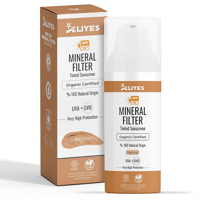 Aliye’s Tinted Organic Sunscreen SPF 50+ | Ecocert Cosmos Certified | 100% Mineral & Vegan Sun Protection | Safe for Sensitive Skin | 50ml (Natural)