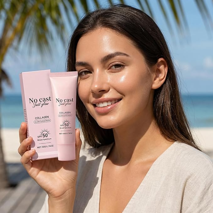 No Cast Just Glow Collagen Sunscreen | SPF 50 Broad Spectrum Face Sunscreen | Lightweight, Non-Sticky, Hydrating Formula | No White Cast or Residue | Peptide, Cica for Soothing & Natural Glow (2PC)