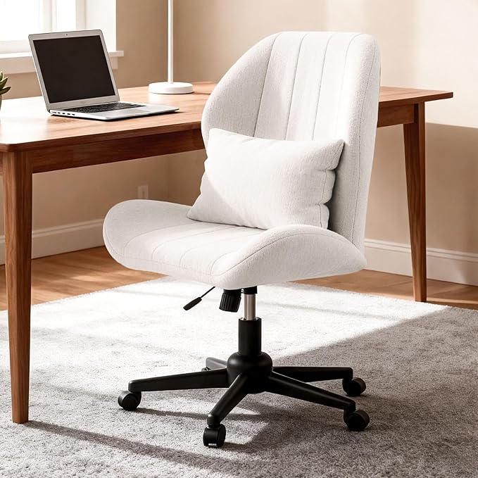 Criss Cross Chair with Wheels, Wide Cross Legged Office Chair Armless Comfy Desk Chair with Tall Back Vanity Chairs with Stress Relief Curved Design Seat for Bedroom & Office & Home Ivory White