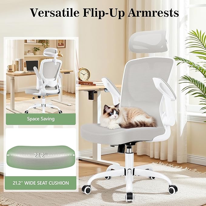 Office Desk Chair, Ergonomic Mesh Office Chair with Adjustable Lumbar Support, Headrest, Flip-up Armrests, Comfortable Computer Chairs for Home, Work, Gaming, (Light Gray, 6 Pack)