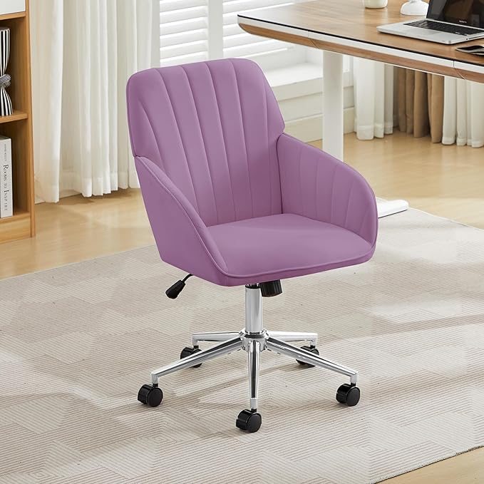 Velvet Home Office Desk Chair, Modern Cute Computer Task Chair with Back, Height Adjustable Upholstered Vanity Chair with Swivel Wheels for Women, Girls (Silver Base, Light Purple