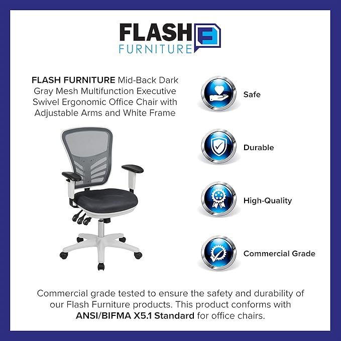 Flash Furniture Nicholas Mid-Back Swivel Office and Gaming Chair, Ergonomic Mesh Office Chair with Adjustable Lumbar Support and Height, Gray/White