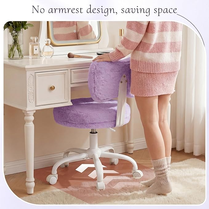 Vanity Chair with Wheels, Cute Desk Chair with Bow Backrest, Fluffy Faux Rabbit Fur Small Office Chair for Vanity, Make-up Room, Bedroom, Dorm, Height Adjustable, Purple