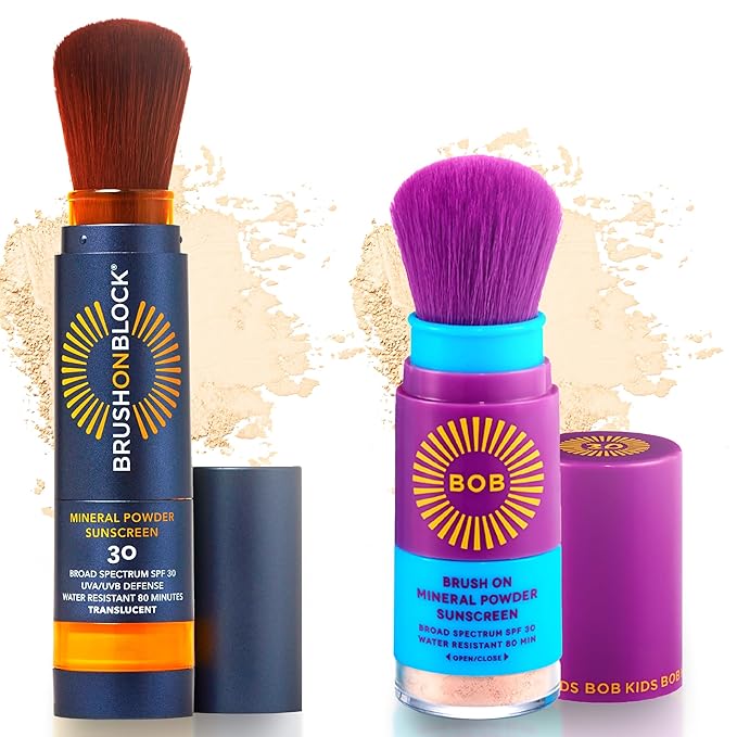 BOB Kids & Brush On Block SPF 30 Mineral Powder Sunscreen 2-Pack Bundle – Fragrance-Free Kids Formula + Translucent New Formula with Niacinamide, Hyaluronic Acid & Vitamin C, Broad Spectrum, Water Res