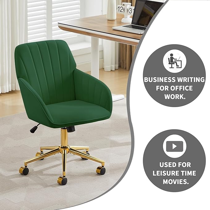 YITAI Velvet Office Desk Chair with Wheels and Gold Base,Modern Height Adjustable 360 Degree Swivel Upholstered Vanity Chairs with Arms for Living Room Bedroom, Study,Green
