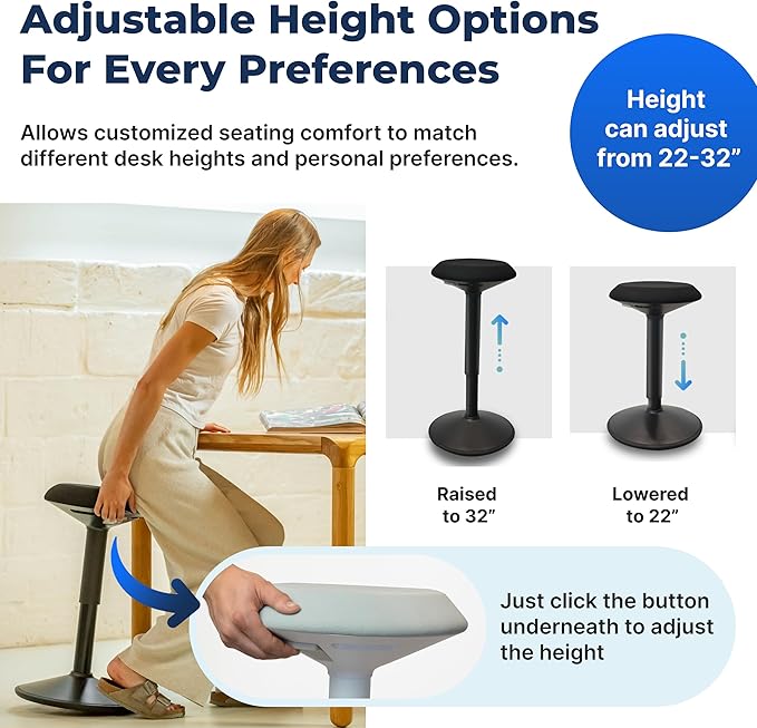 Standing Desk Stool Chair, Height Adjustable Stool 21-31 inch for Office and Classroom, Swivel Stool, Anti-Slip Bottom Ergonomic Wobble Stool with Rocking Motion, White